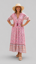 Women’s Floral Midi Dress with V-Neck, Three-Quarter Sleeves and Tiered Skirt