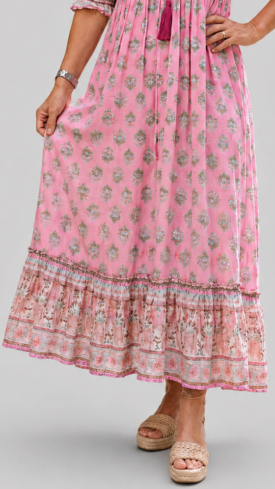 Women’s Floral Midi Dress with V-Neck, Three-Quarter Sleeves and Tiered Skirt