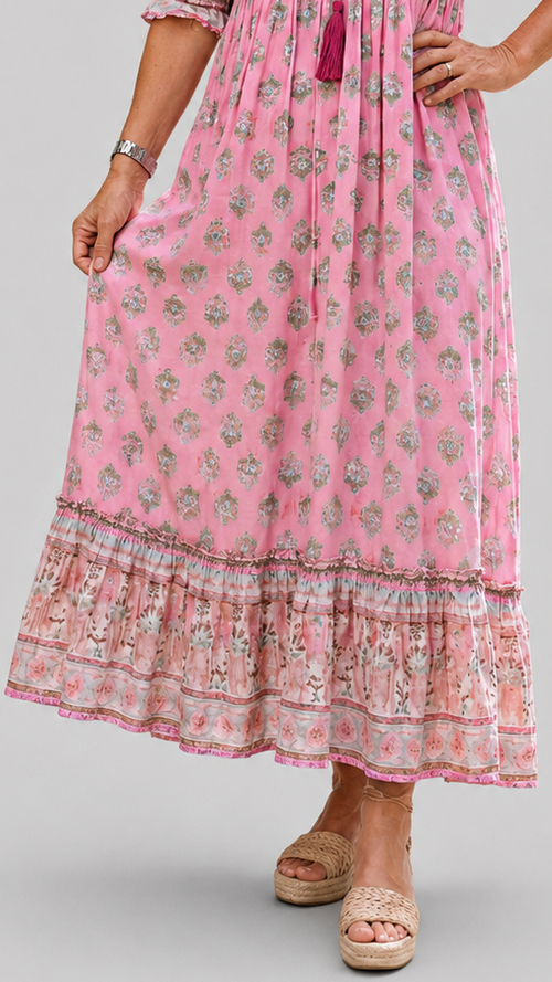 Women’s Floral Midi Dress with V-Neck, Three-Quarter Sleeves and Tiered Skirt