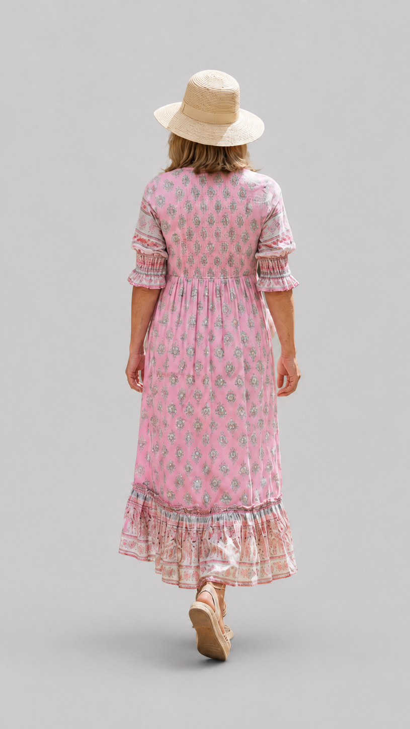 Women’s Floral Midi Dress with V-Neck, Three-Quarter Sleeves and Tiered Skirt
