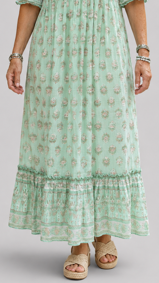 Women’s Floral Midi Dress with V-Neck, Three-Quarter Sleeves and Tiered Skirt