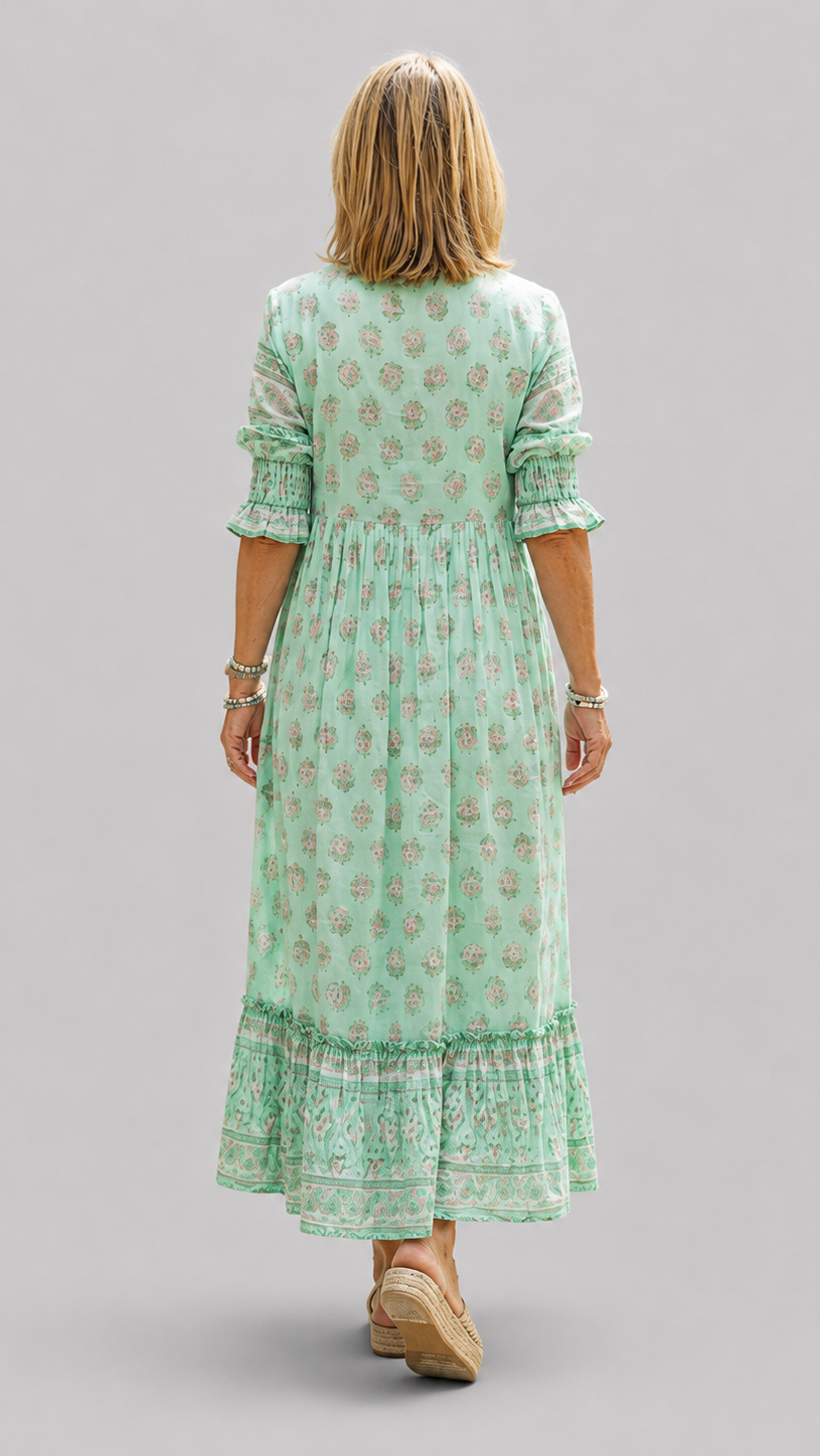 Women’s Floral Midi Dress with V-Neck, Three-Quarter Sleeves and Tiered Skirt