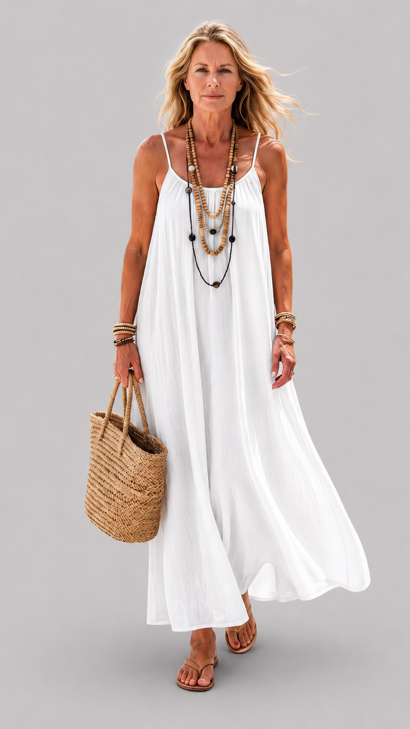 Women’s Flowing Maxi Dress with Thin Straps, Scoop Neck and Relaxed Fit