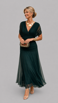 Women’s V-Neck Maxi Dress with Short Sleeves, Ruched Waist and Flowing Skirt