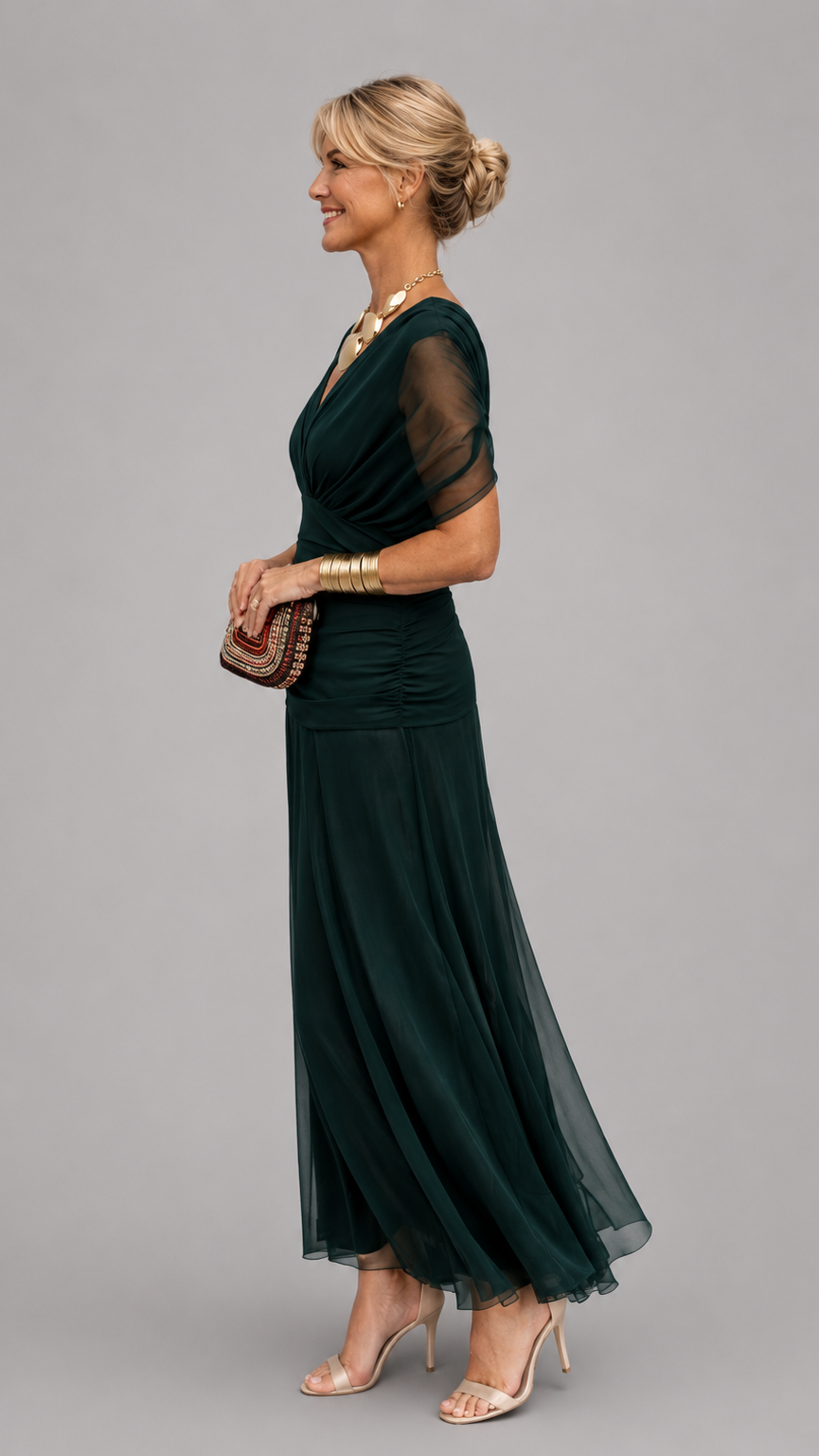 Women’s V-Neck Maxi Dress with Short Sleeves, Ruched Waist and Flowing Skirt