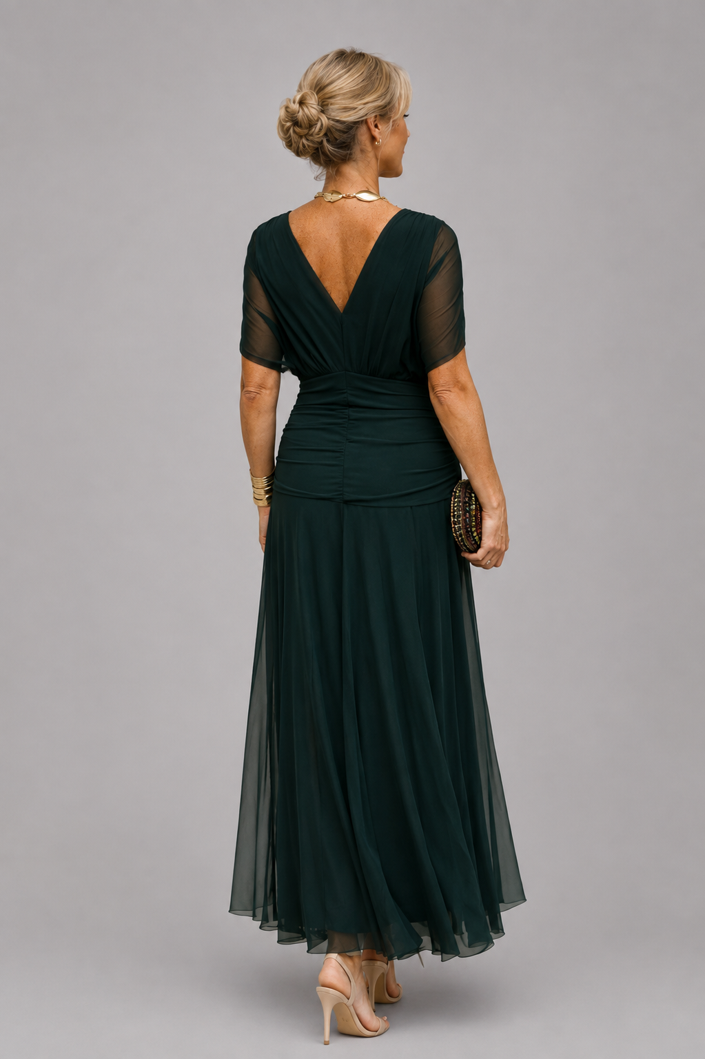 Women’s V-Neck Maxi Dress with Short Sleeves, Ruched Waist and Flowing Skirt